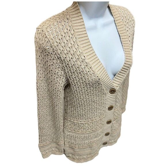 EDDIE BAUER Cardigan Sweater M Natural Beige Open Knit Button Layer Beach V-Neck - Picture 11 of 12